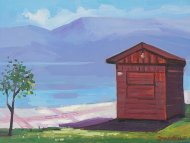 Painting titled "Wood cabin" by Joan Mato, Original Artwork, Oil