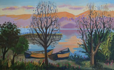 Malerei mit dem Titel "Sunset near lake" von Joan Mato, Original-Kunstwerk, Öl