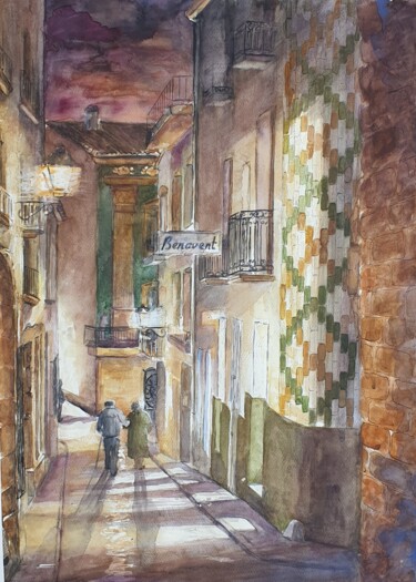 Painting titled "Carrer Benavent" by Joana Bisquert Mari, Original Artwork, Watercolor Mounted on Other rigid panel