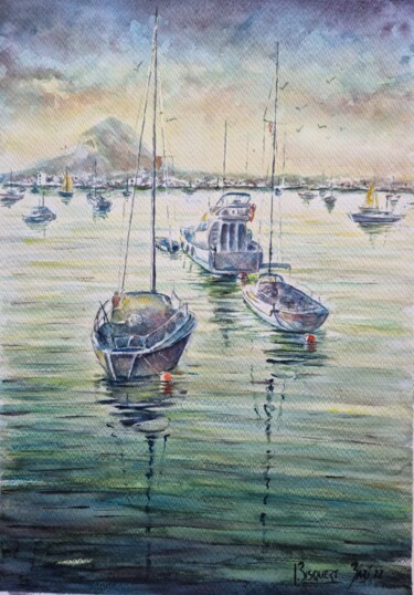 Pintura intitulada "Barcos y montgo" por Joana Bisquert Mari, Obras de arte originais, Aquarela Montado em Outro painel rígi…