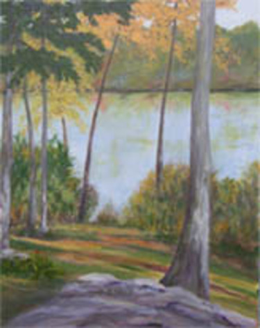Painting titled "The Lake in Autumn" by Joan Cole, Original Artwork, Oil
