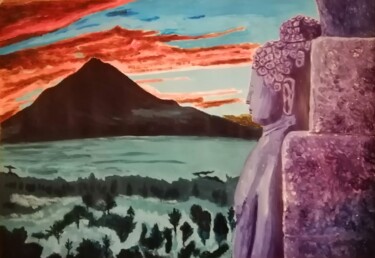 Painting titled "Templo budista e a…" by João Bernardo, Original Artwork, Acrylic