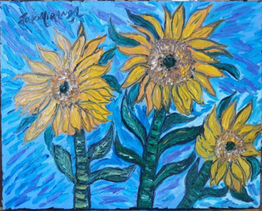 Картина под названием "Sunflowers with vio…" - João Miranda, Подлинное произведение искусства, Масло