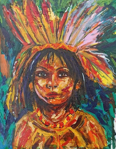 Pintura titulada "Amazonian child" por João Miranda, Obra de arte original, Acrílico
