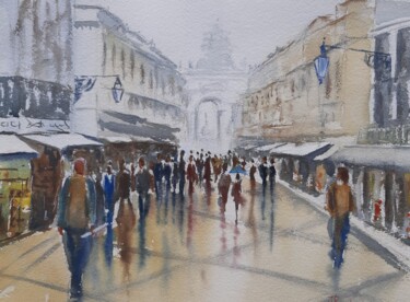 Painting titled "Busy day in Lisbon" by Joaquim Pancho, Original Artwork, Watercolor