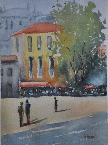 Painting titled "A praça" by Joaquim Pancho, Original Artwork, Watercolor