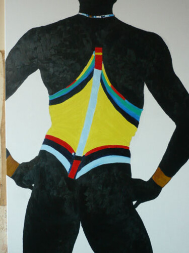 Malerei mit dem Titel "CORSET JAUNE SUR CO…" von Joe Johnson, Original-Kunstwerk, Öl