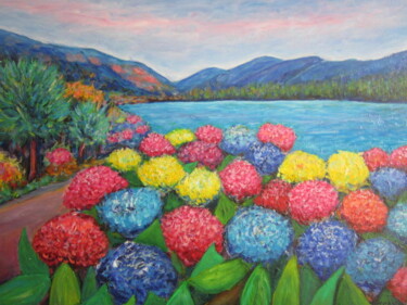 Painting titled "hortensias  au  lac…" by Joel Jeanniot, Original Artwork, Oil Mounted on Wood Stretcher frame