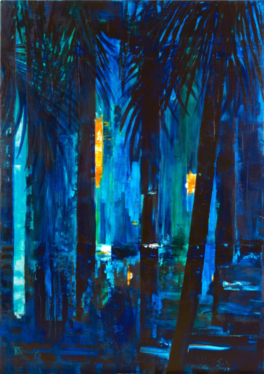 Schilderij getiteld "Blue Jungle" door Joelle Kem Lika, Origineel Kunstwerk, Acryl Gemonteerd op Frame voor houten brancard