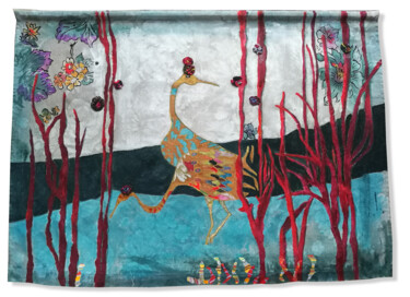Arte textil titulada "tenture oiseaux jap…" por Joelle Morisset, Obra de arte original, Tinta