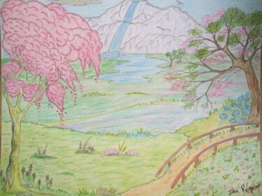Drawing titled "Paysage de nature e…" by John Regnier, Original Artwork, Pencil Mounted on Glass