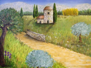 Peinture intitulée "Campagne Provençale" par John Regnier, Œuvre d'art originale, Huile Monté sur Châssis en bois