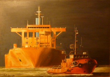 Painting titled "Navire Orange" by Mc Kenzie, Original Artwork, Oil