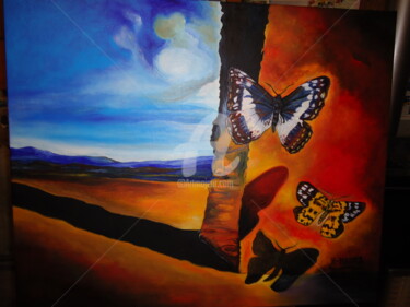 Peinture intitulée "paysage au papillon" par Joky, Œuvre d'art originale, Huile