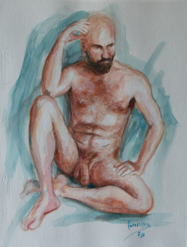 Painting titled "Andrew sitting nude…" by Jorge Bandarra, Original Artwork, Watercolor