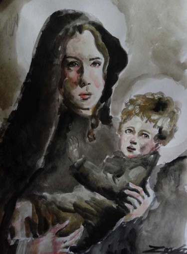 Картина под названием "A mãe de Deus ( The…" - Jorge Quiros, Подлинное произведение искусства, Акварель