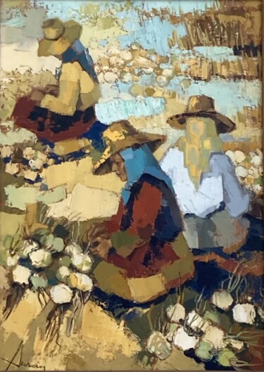 Painting titled "Récolte des oignons" by Jori Duran, Original Artwork, Oil