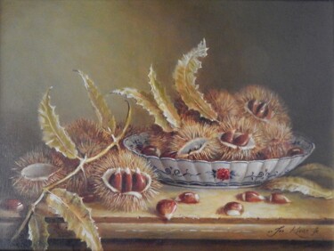 Painting titled "Chestnuts on Orient…" by Jos Kivits, Original Artwork, Oil Mounted on Wood Panel