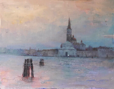 Painting titled "Venecia al amanecer" by Jose Gil, Original Artwork, Oil Mounted on Wood Panel
