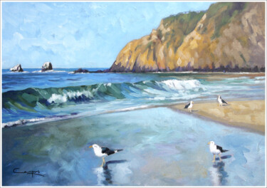 Painting titled ""Gaviotas en Barbat…" by Jose Luis Santamaria Campos, Original Artwork, Oil