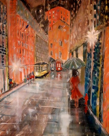 Painting titled "Lisbonne sous la pl…" by Jose Sousa, Original Artwork, Acrylic