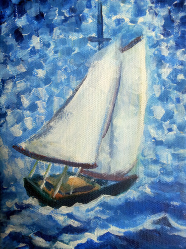 Painting titled "Little boat in blue…" by Jose Faedda, Original Artwork, Acrylic
