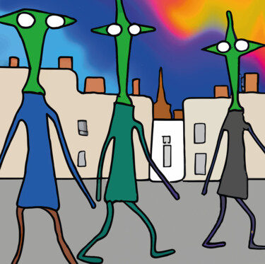 Arte digitale intitolato "THREE ALIENS WALKIN…" da Josep Domènech, Opera d'arte originale, Immagine generata dall'IA