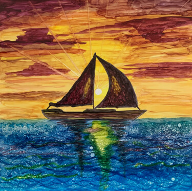 Grafika cyfrowa / sztuka generowana cyfrowo zatytułowany „Sunset Sailboat” autorstwa Josephine Estelle, Oryginalna praca, Cy…
