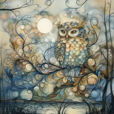 Digitale Kunst getiteld "Whimsical Owl" door Josephine Estelle, Origineel Kunstwerk, Digitaal Schilderwerk