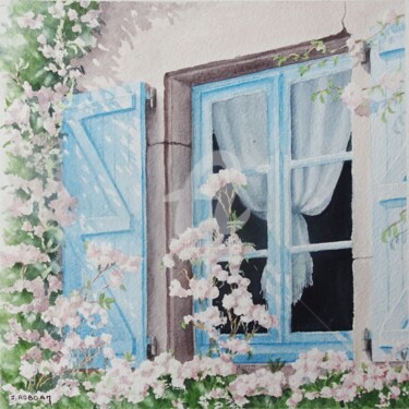 Painting titled "la Fenêtre bleue" by Josette Roboam, Original Artwork, Watercolor Mounted on Other rigid panel