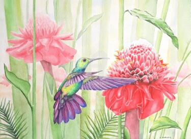 Painting titled "Colibri" by Josette Roboam, Original Artwork, Watercolor