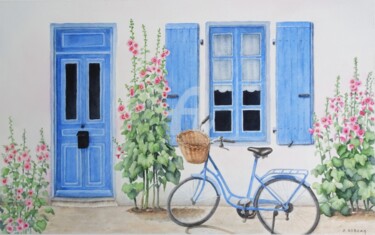 Schilderij getiteld "la Bicyclette bleue" door Josette Roboam, Origineel Kunstwerk, Aquarel