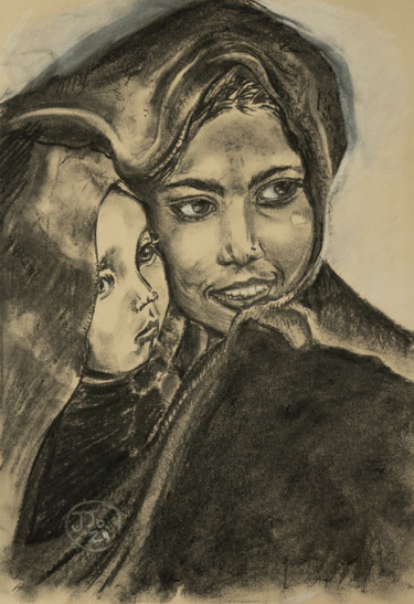 Disegno intitolato "Mother and child In…" da Josine Jansen, Opera d'arte originale, Carbone