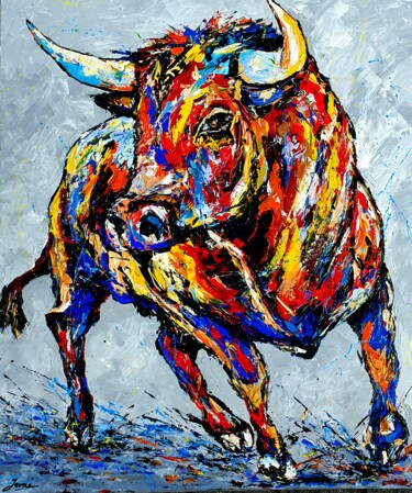 Painting titled "Proud young Taurus" by Jovanart, Original Artwork, Acrylic Mounted on Wood Stretcher frame
