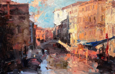 Painting titled "Sunset in Venice" by Jove Wang, Original Artwork, Oil
