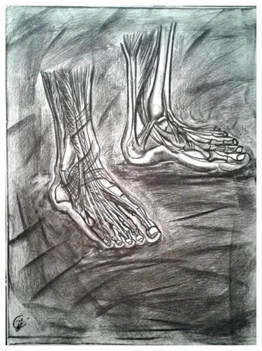 Painting titled "Pieds anatomiques D…" by Joy Caloc, Original Artwork, Charcoal Mounted on Wood Stretcher frame