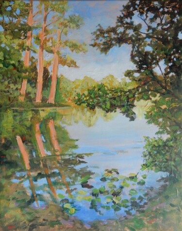 Painting titled "By the Lake" by Joy Parks Coats, Original Artwork, Acrylic Mounted on Wood Stretcher frame