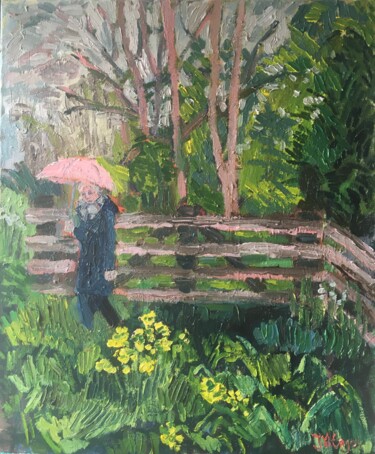Pittura intitolato "The pink umbrella" da Joyce Van Den Engel, Opera d'arte originale, Olio