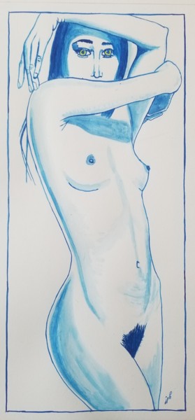 Malerei mit dem Titel "Bleu aux bras levés" von Jean Philippe Dufau, Original-Kunstwerk, Aquarell