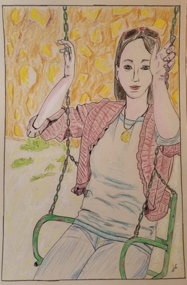Dessin intitulée "Femme à la balançoi…" par Jean Philippe Dufau, Œuvre d'art originale, Crayon