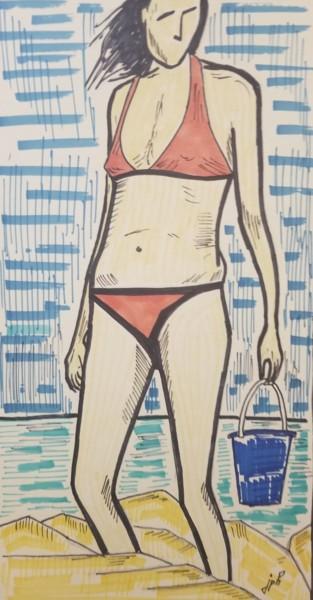 Desenho intitulada "A la plage 02" por Jean Philippe Dufau, Obras de arte originais, Marcador