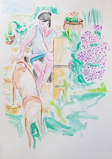 绘画 标题为“La femme au chien” 由Jean Philippe Dufau, 原创艺术品, 水彩