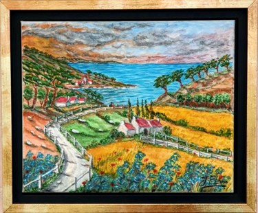 Painting titled "Iris et coquelicots" by Jean-Pierre Loubinoux, Original Artwork, Acrylic Mounted on Wood Stretcher frame