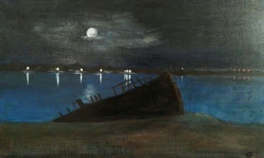 Peinture intitulée "Nuit à Portbail" par Jean-Pierre Vialle, Œuvre d'art originale, Huile Monté sur Châssis en bois