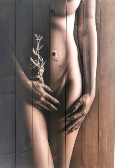 Schilderij getiteld "Sensualité" door Jrbrush, Origineel Kunstwerk, Airbrush Gemonteerd op Frame voor houten brancard