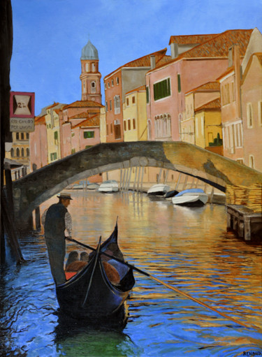 Painting titled "VENISE GONDOLE" by Renand, Original Artwork, Oil Mounted on Wood Stretcher frame