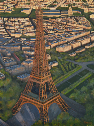 Peinture intitulée "Tour Eiffel vue aér…" par Renand, Œuvre d'art originale, Huile Monté sur Châssis en bois