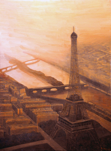 Painting titled "Tour Eiffel vue aér…" by Renand, Original Artwork, Oil Mounted on Wood Stretcher frame