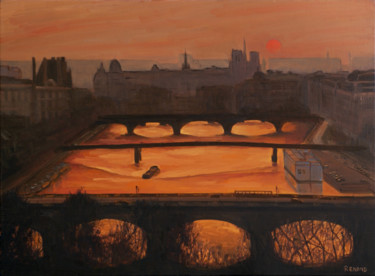 Ζωγραφική με τίτλο "La Seine nuit tomba…" από Renand, Αυθεντικά έργα τέχνης, Λάδι