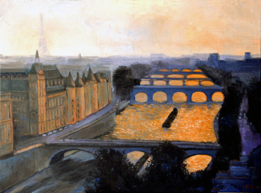 Painting titled "Coucher de soleil à…" by Renand, Original Artwork, Oil